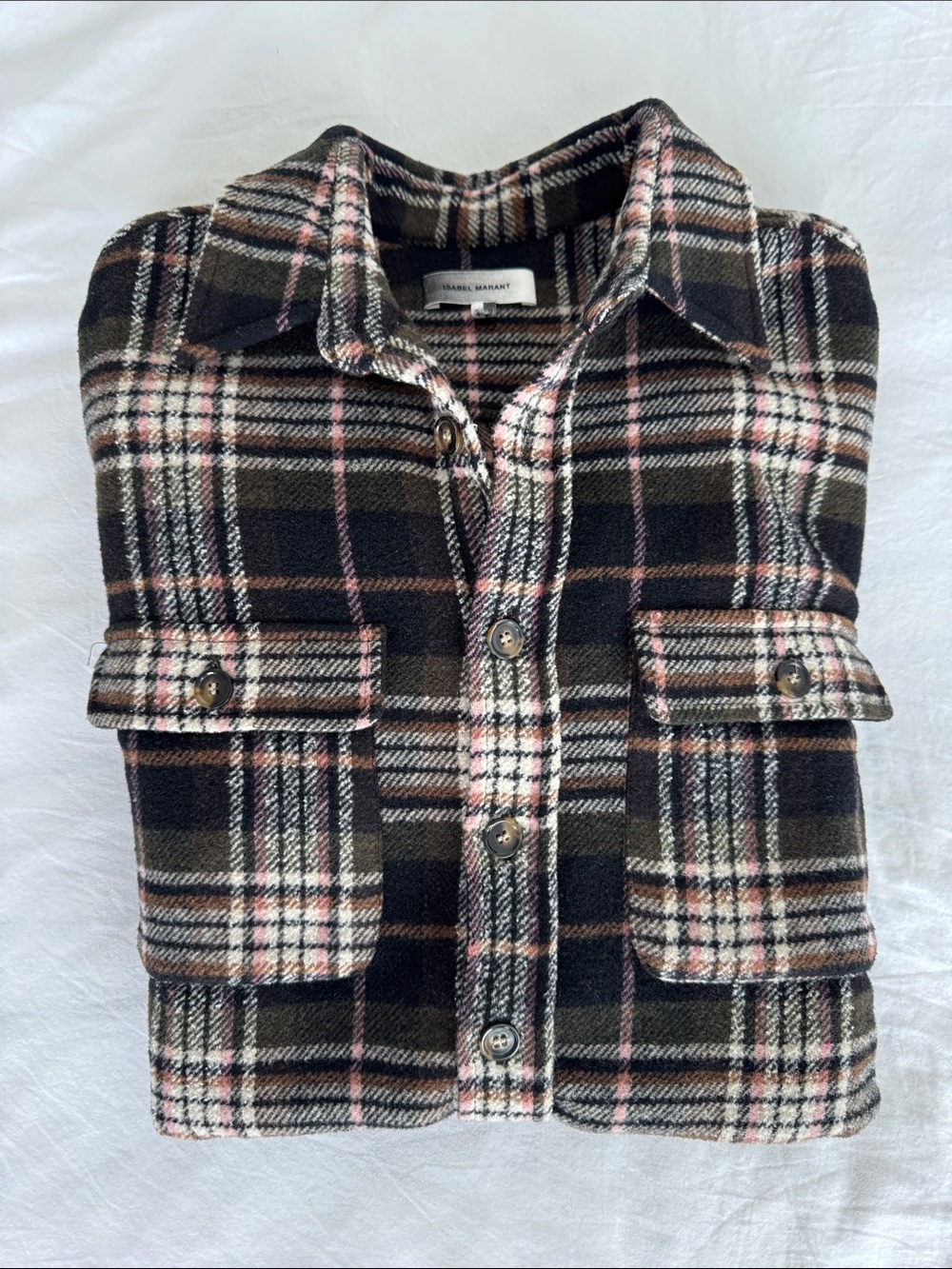 Isabel Marant Plaid Button-Up Shacket in Black & Pink